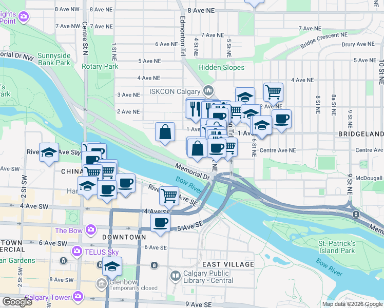 map of restaurants, bars, coffee shops, grocery stores, and more near 423 Marsh Road Northeast in Calgary