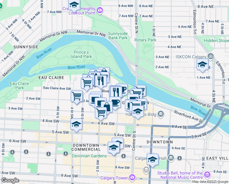 map of restaurants, bars, coffee shops, grocery stores, and more near in Calgary
