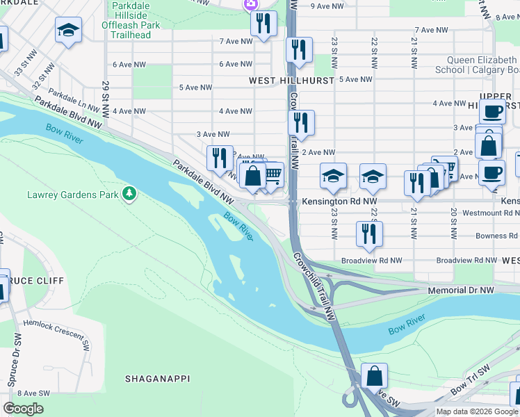 map of restaurants, bars, coffee shops, grocery stores, and more near 2546 Kensington Road Northwest in Calgary