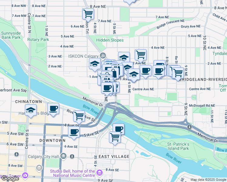 map of restaurants, bars, coffee shops, grocery stores, and more near in Calgary