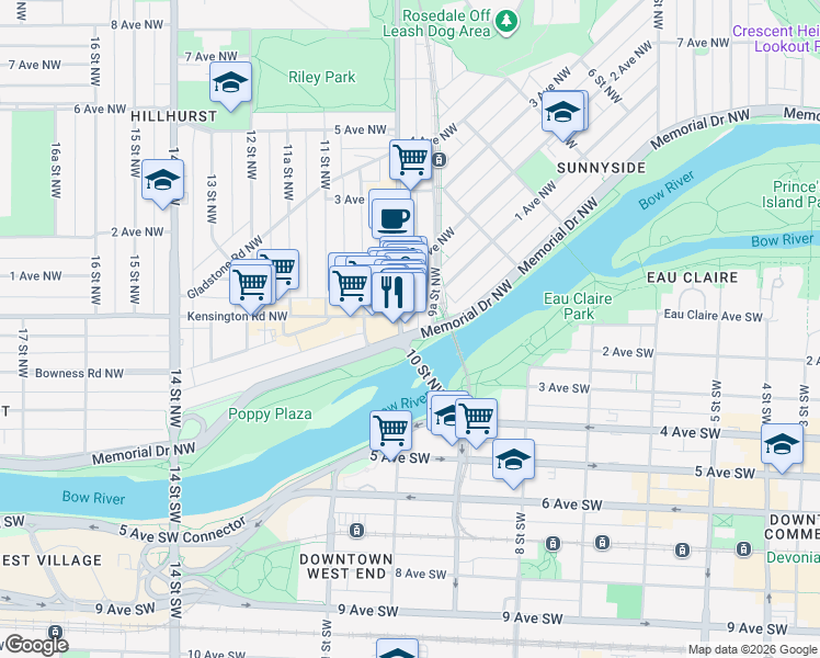 map of restaurants, bars, coffee shops, grocery stores, and more near in Calgary