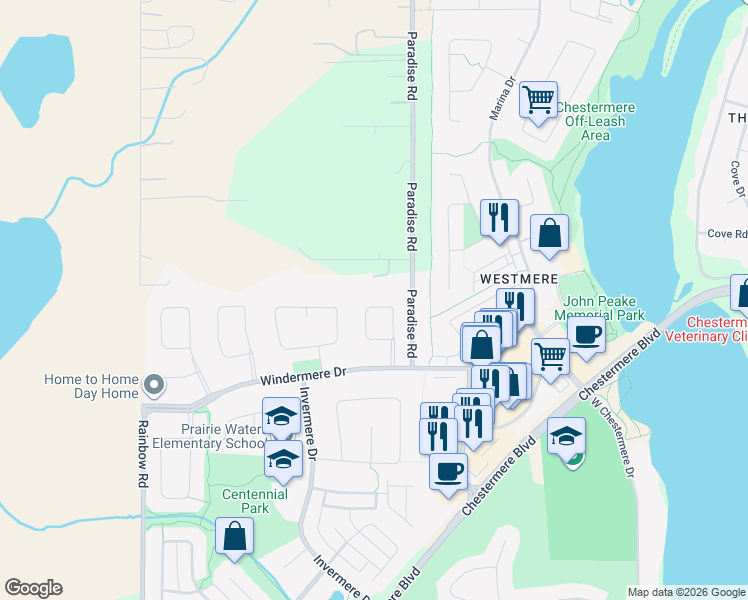 map of restaurants, bars, coffee shops, grocery stores, and more near 171 Hawkmere Road in Chestermere