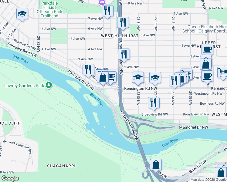 map of restaurants, bars, coffee shops, grocery stores, and more near 2527 Kensington Road Northwest in Calgary
