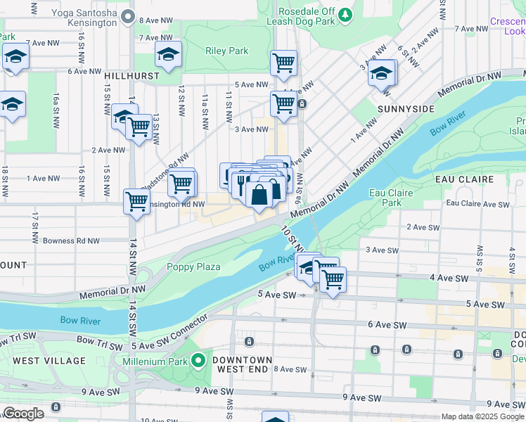 map of restaurants, bars, coffee shops, grocery stores, and more near 144 10 Street Northwest in Calgary