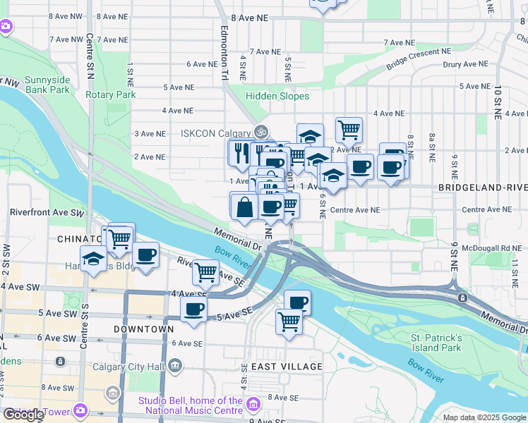 map of restaurants, bars, coffee shops, grocery stores, and more near in Calgary