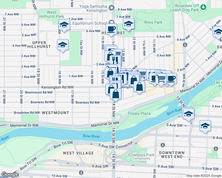 map of restaurants, bars, coffee shops, grocery stores, and more near 1437 Kensington Road Northwest in Calgary