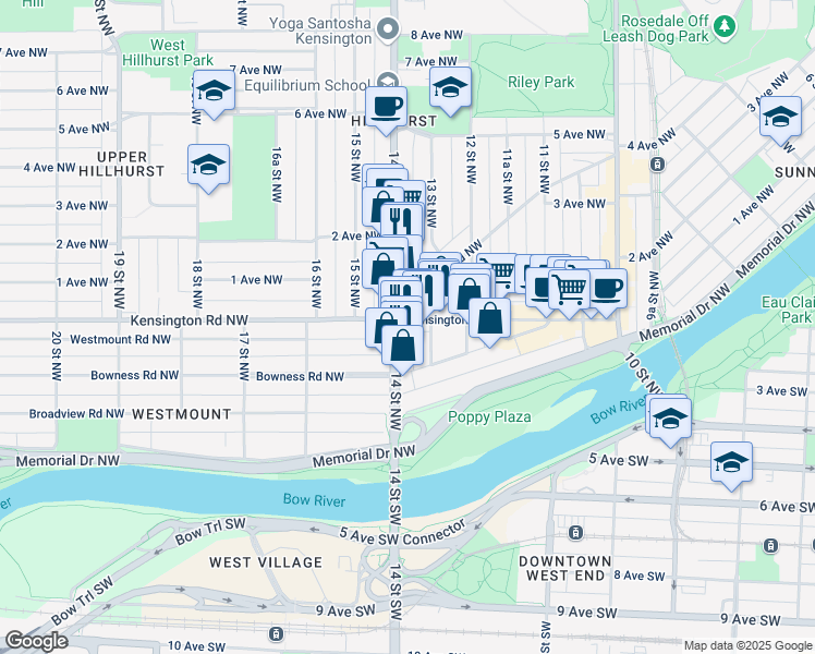 map of restaurants, bars, coffee shops, grocery stores, and more near 1437 Kensington Road Northwest in Calgary