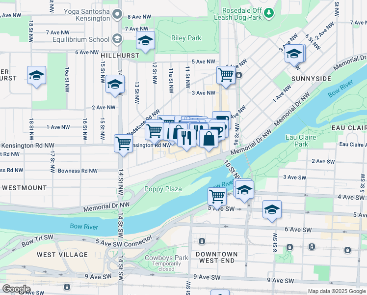 map of restaurants, bars, coffee shops, grocery stores, and more near 1131 Kensington Road Northwest in Calgary