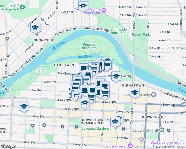 map of restaurants, bars, coffee shops, grocery stores, and more near 187 Barclay Parade Southwest in Calgary