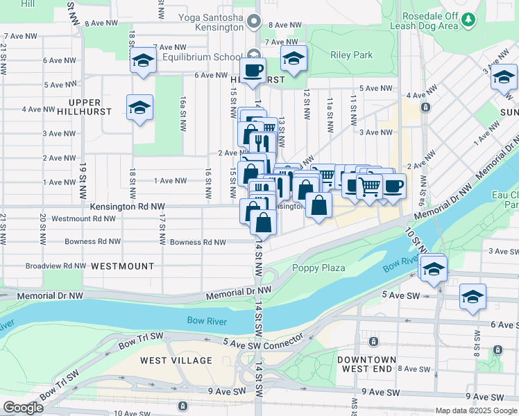 map of restaurants, bars, coffee shops, grocery stores, and more near 90 14 Street Northwest in Calgary