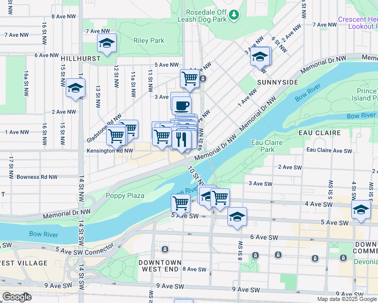 map of restaurants, bars, coffee shops, grocery stores, and more near 110 A 10 Street Northwest in Calgary