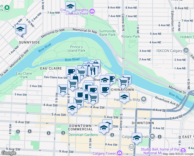 map of restaurants, bars, coffee shops, grocery stores, and more near 222 Riverfront Avenue Southwest in Calgary