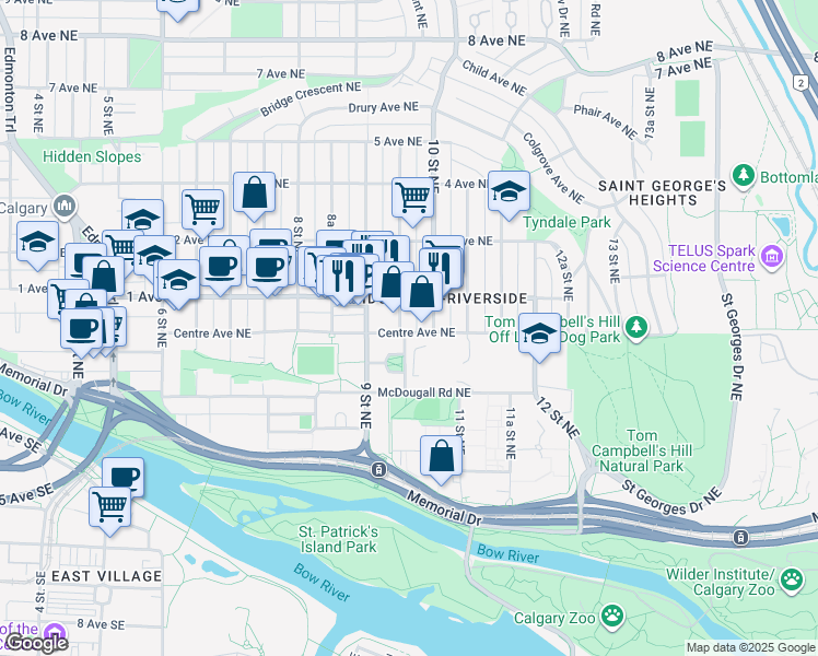 map of restaurants, bars, coffee shops, grocery stores, and more near in Calgary