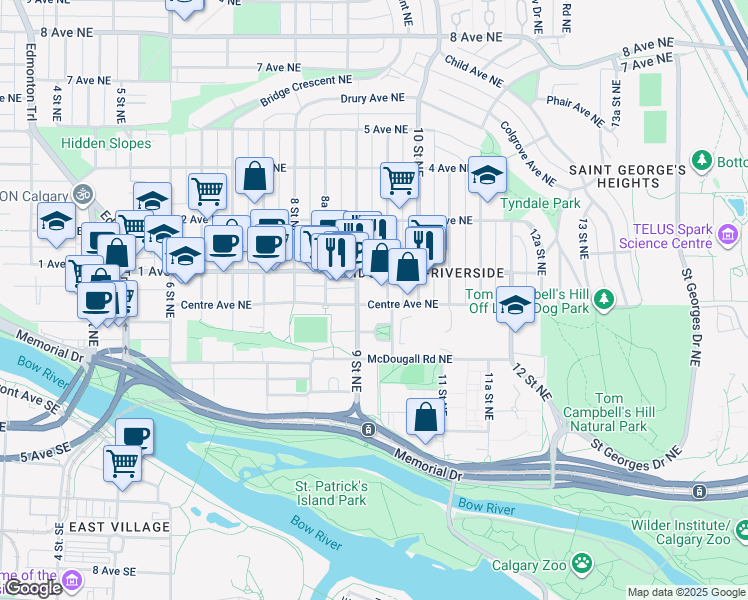 map of restaurants, bars, coffee shops, grocery stores, and more near 1010 Centre Avenue Northeast in Calgary