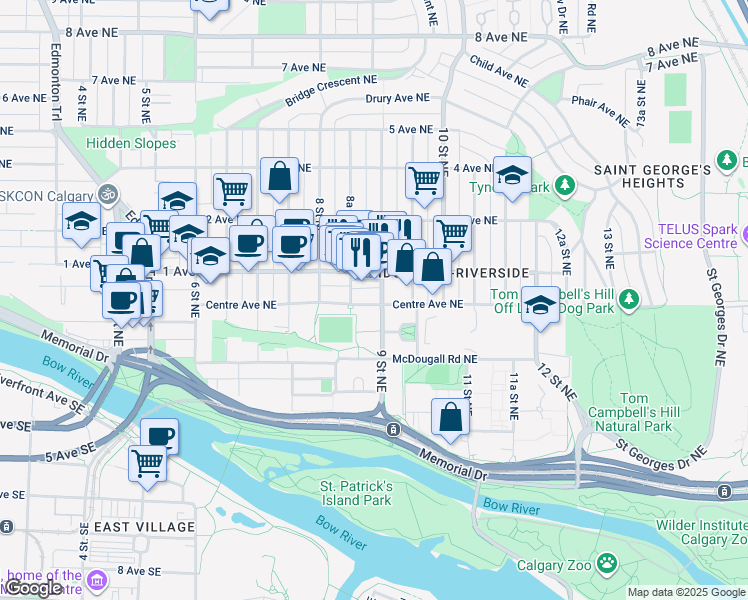 map of restaurants, bars, coffee shops, grocery stores, and more near in Calgary