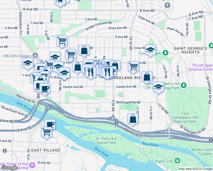 map of restaurants, bars, coffee shops, grocery stores, and more near in Calgary