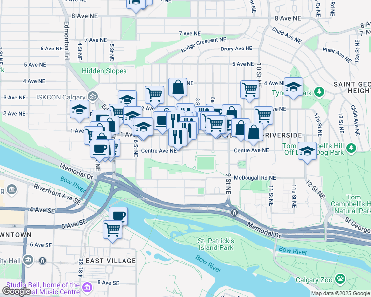 map of restaurants, bars, coffee shops, grocery stores, and more near in Calgary