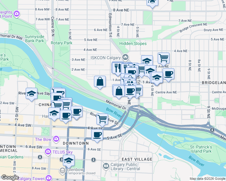 map of restaurants, bars, coffee shops, grocery stores, and more near 423 Marsh Road Northeast in Calgary