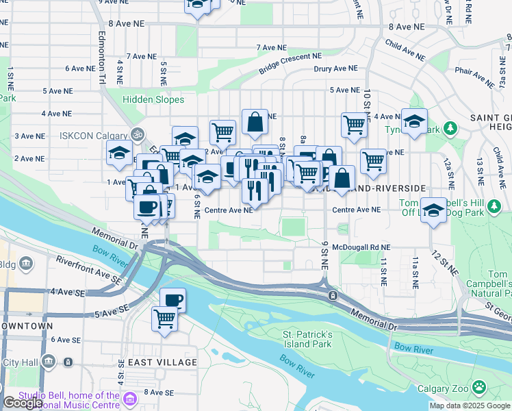 map of restaurants, bars, coffee shops, grocery stores, and more near 101 7A Street Northeast in Calgary