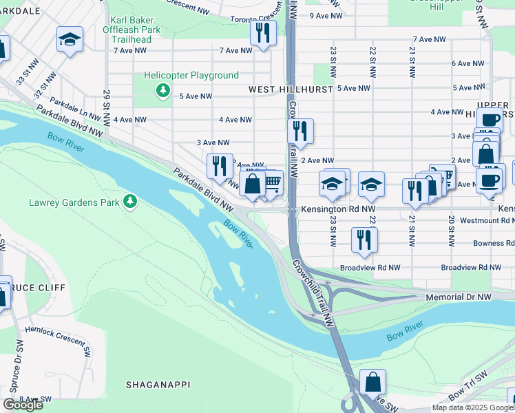 map of restaurants, bars, coffee shops, grocery stores, and more near 2546 Kensington Road Northwest in Calgary