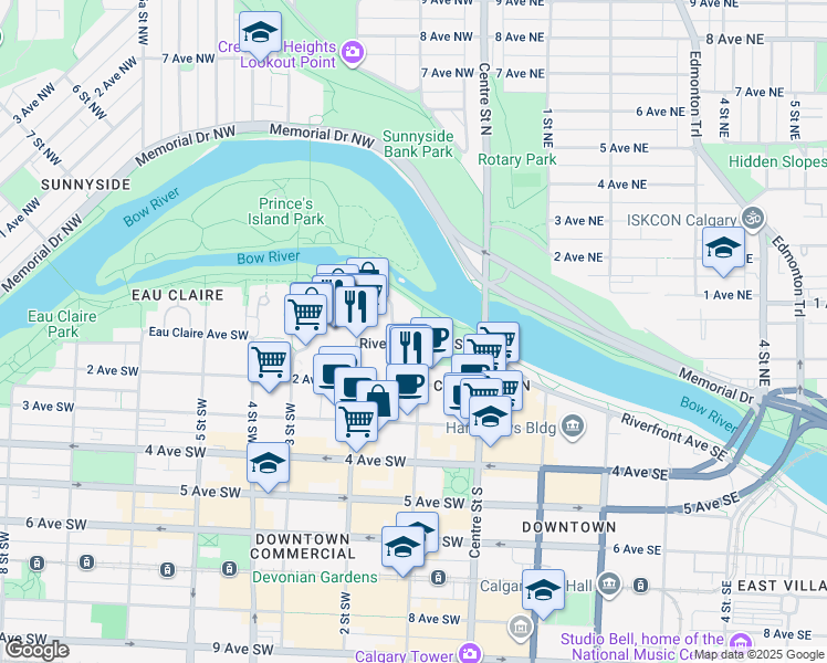 map of restaurants, bars, coffee shops, grocery stores, and more near in Calgary