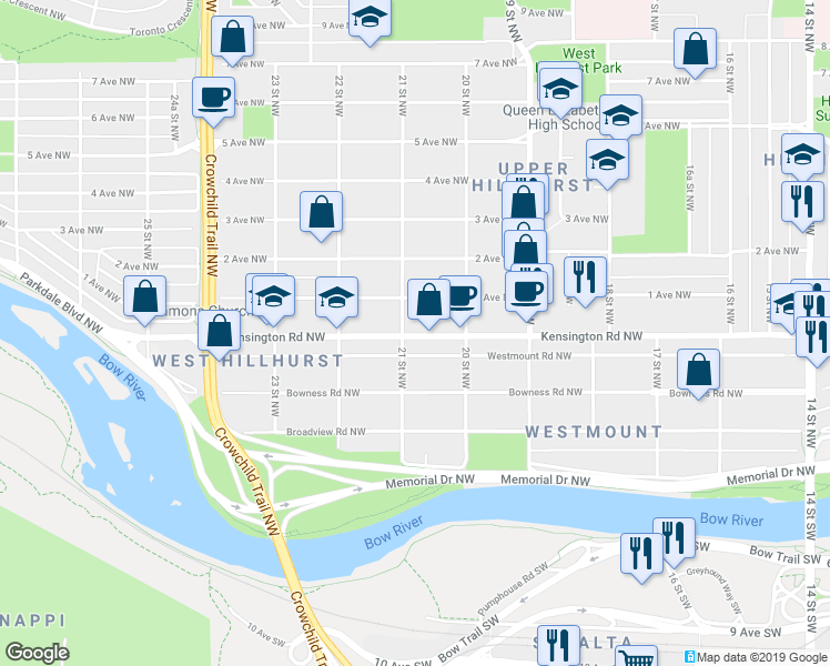 map of restaurants, bars, coffee shops, grocery stores, and more near in Calgary