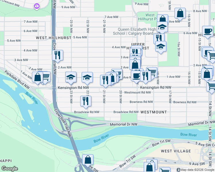 map of restaurants, bars, coffee shops, grocery stores, and more near in Calgary