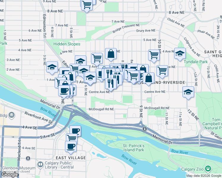 map of restaurants, bars, coffee shops, grocery stores, and more near 101 7A Street Northeast in Calgary