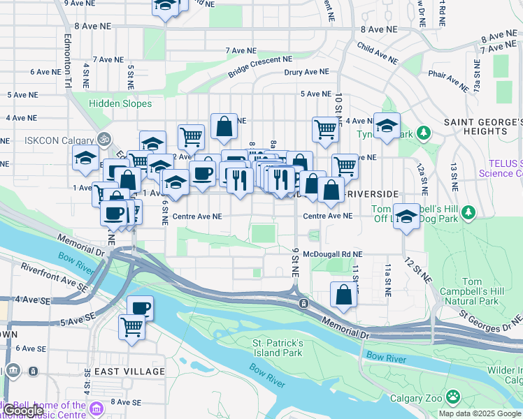 map of restaurants, bars, coffee shops, grocery stores, and more near 930 Centre Avenue Northeast in Calgary