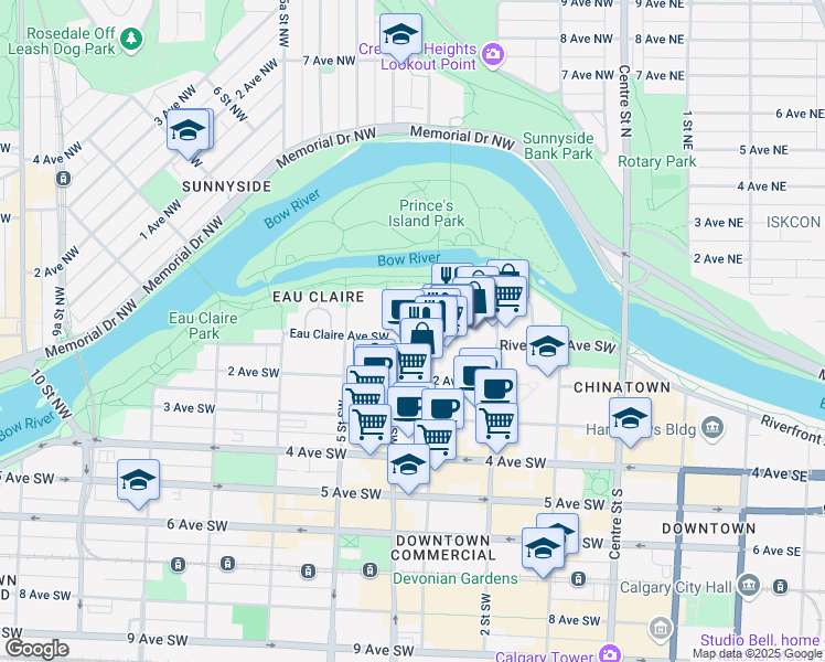 map of restaurants, bars, coffee shops, grocery stores, and more near 101 3 Street Southwest in Calgary