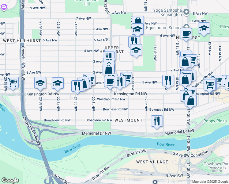 map of restaurants, bars, coffee shops, grocery stores, and more near 1962 Kensington Road Northwest in Calgary
