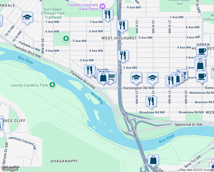 map of restaurants, bars, coffee shops, grocery stores, and more near 2546 Kensington Road Northwest in Calgary