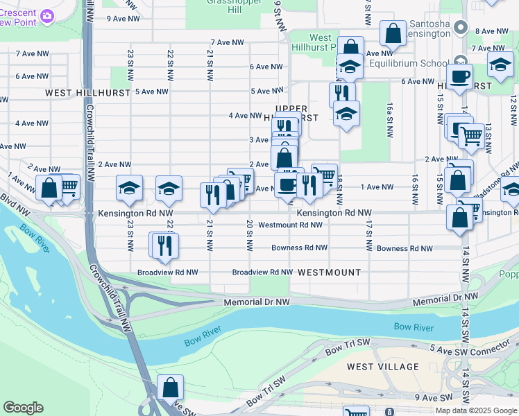 map of restaurants, bars, coffee shops, grocery stores, and more near 2034 Kensington Road Northwest in Calgary