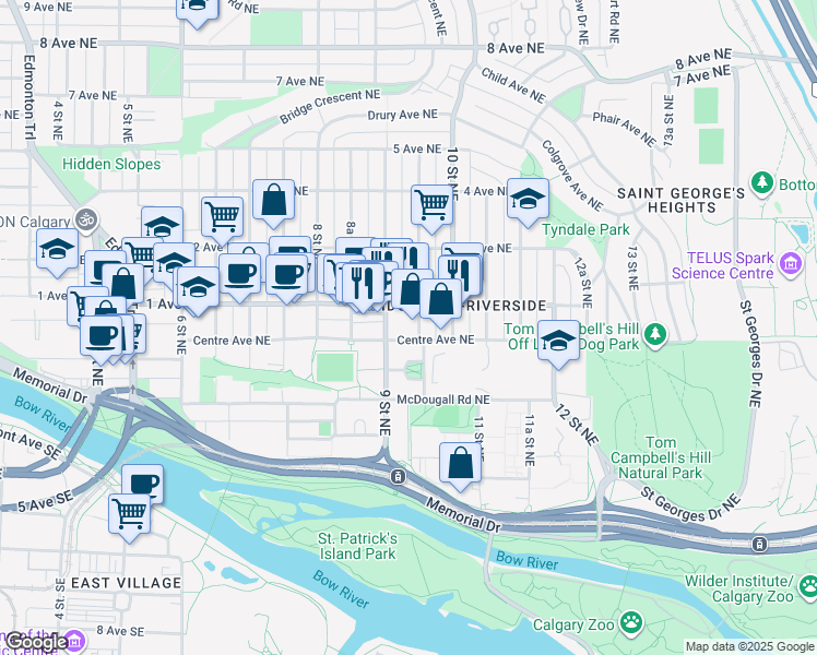 map of restaurants, bars, coffee shops, grocery stores, and more near 180 9 Street Northeast in Calgary