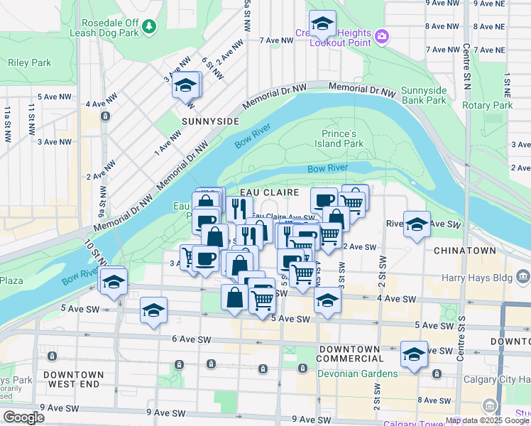 map of restaurants, bars, coffee shops, grocery stores, and more near 690 Princeton Way Southwest in Calgary