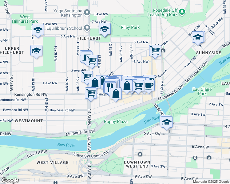 map of restaurants, bars, coffee shops, grocery stores, and more near 1240 Kensington Road Northwest in Calgary