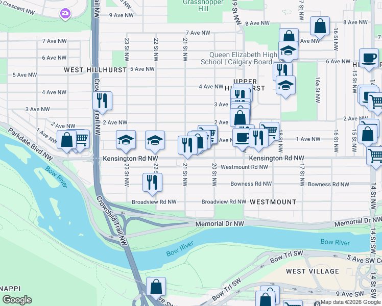 map of restaurants, bars, coffee shops, grocery stores, and more near in Calgary