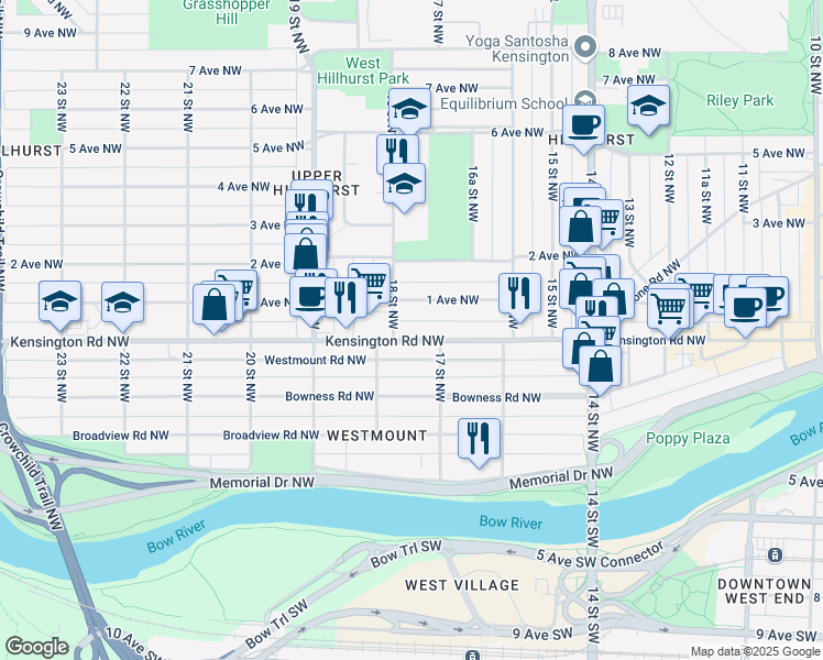 map of restaurants, bars, coffee shops, grocery stores, and more near 1826 Kensington Road Northwest in Calgary