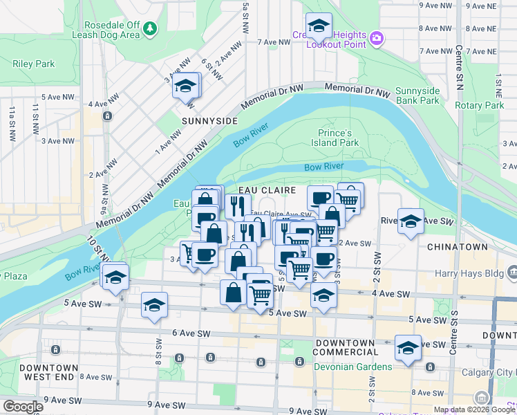 map of restaurants, bars, coffee shops, grocery stores, and more near 690 Princeton Way Southwest in Calgary