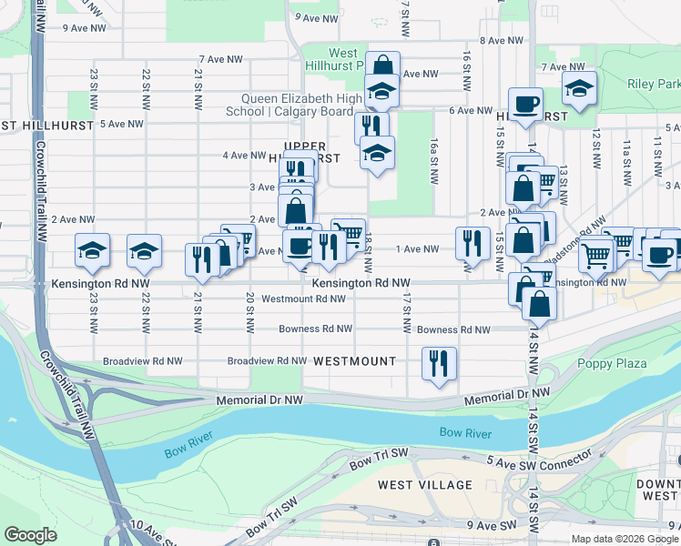 map of restaurants, bars, coffee shops, grocery stores, and more near in Calgary