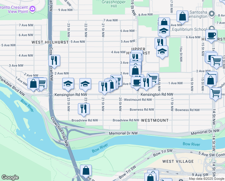map of restaurants, bars, coffee shops, grocery stores, and more near in Calgary