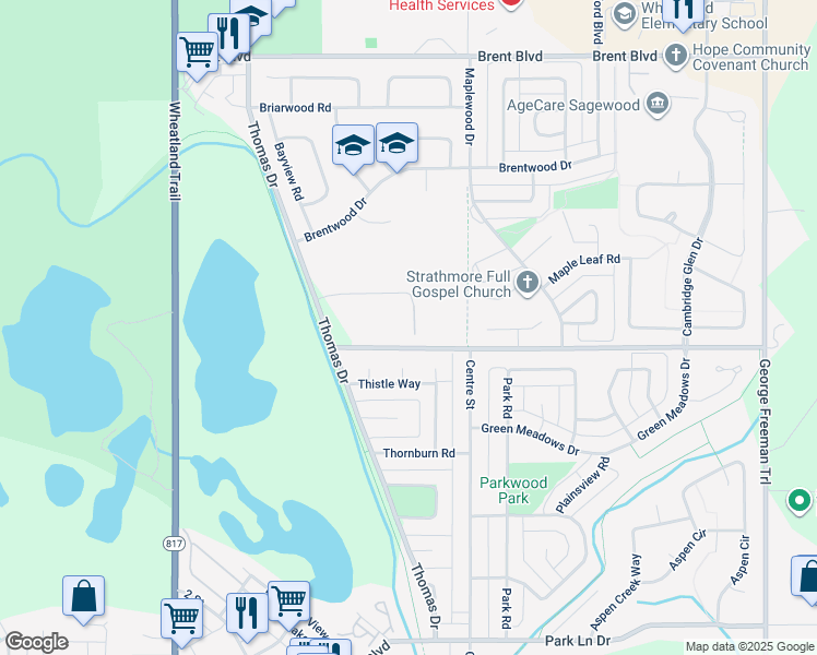 map of restaurants, bars, coffee shops, grocery stores, and more near 10 B Bayside Place in Strathmore