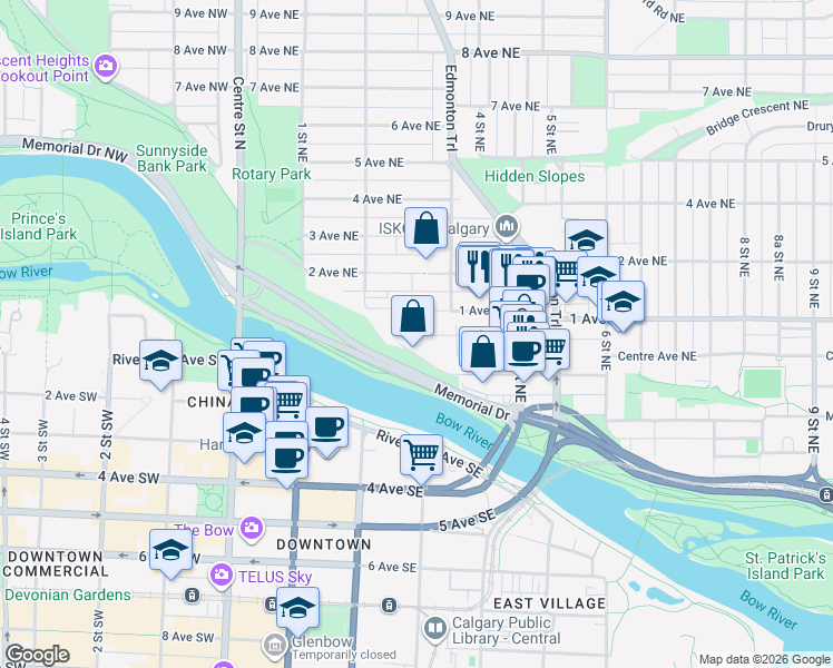 map of restaurants, bars, coffee shops, grocery stores, and more near in Calgary