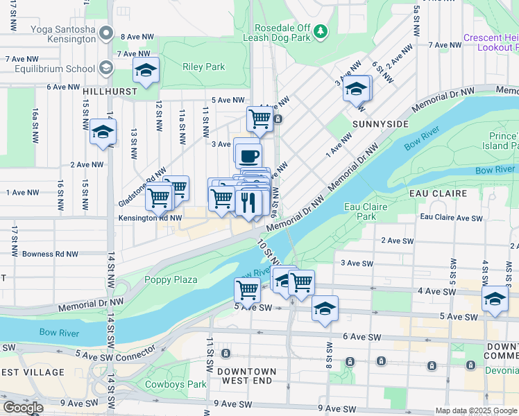 map of restaurants, bars, coffee shops, grocery stores, and more near 110 A 10 Street Northwest in Calgary