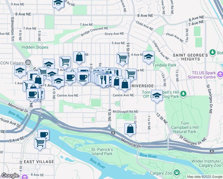 map of restaurants, bars, coffee shops, grocery stores, and more near 180 9 Street Northeast in Calgary