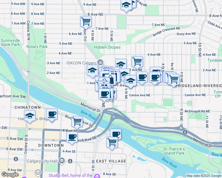 map of restaurants, bars, coffee shops, grocery stores, and more near in Calgary