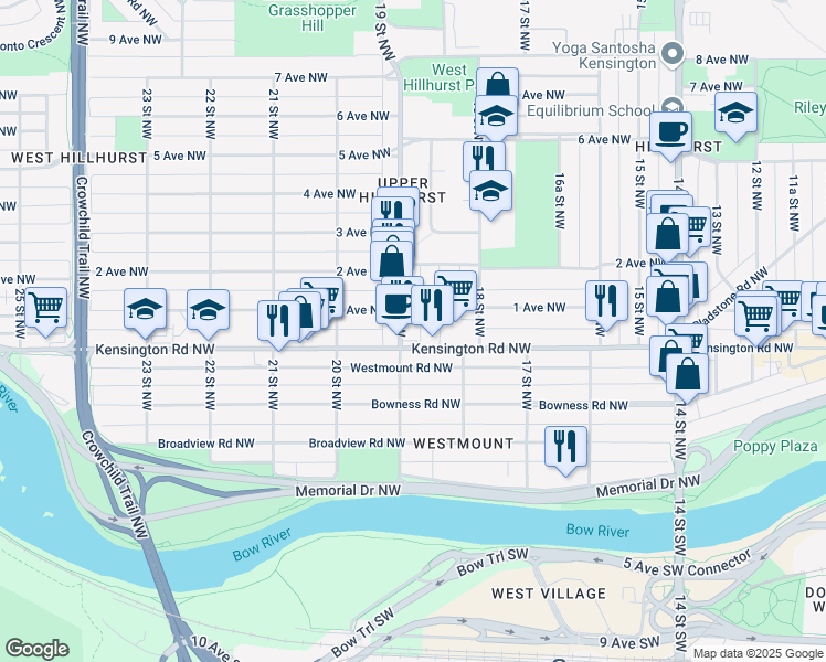 map of restaurants, bars, coffee shops, grocery stores, and more near 1962 Kensington Road Northwest in Calgary