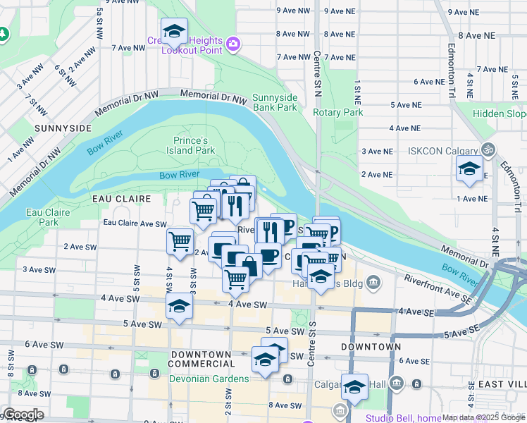 map of restaurants, bars, coffee shops, grocery stores, and more near in Calgary