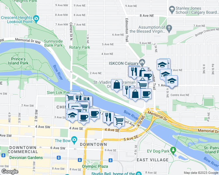 map of restaurants, bars, coffee shops, grocery stores, and more near in Calgary