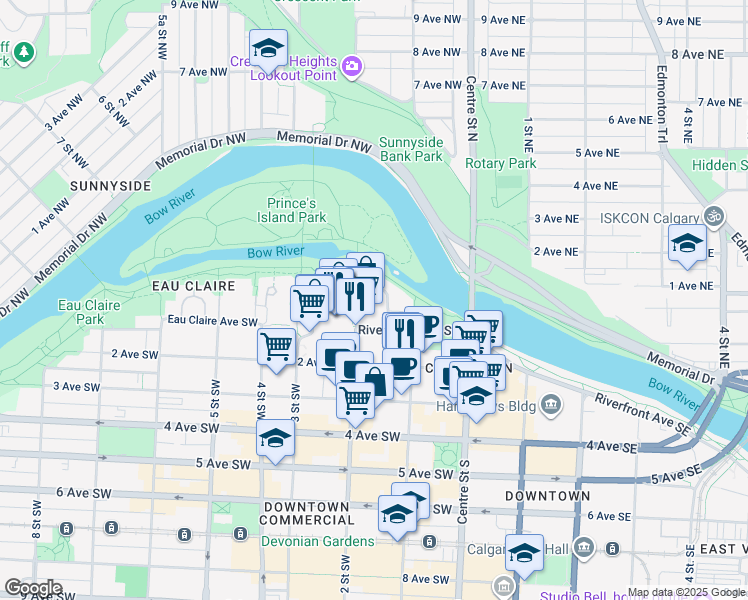 map of restaurants, bars, coffee shops, grocery stores, and more near in Calgary